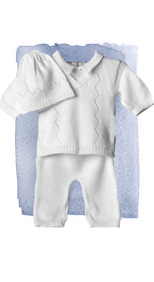 Huckleberry-A912 Huckleberry white boys blessing combo with beanie knit christening burial