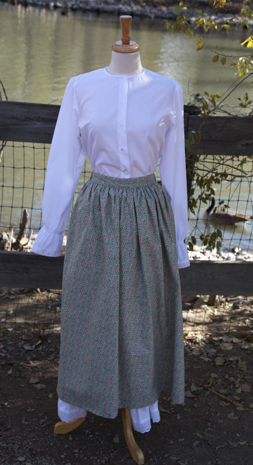 LDS-trek-clothing-3pc Purple floral pioneer costume: bonnet skirt patterned apron with 2 pockets LDS trek