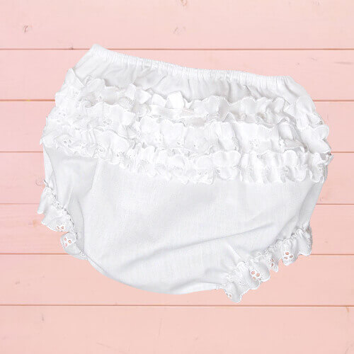 Ruufle-diaper-cover White baby diaper cover with ruffles on the butt nb-12mn