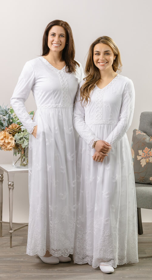 Savannah lace embroidered white long sleeve lds temple dress Savannah LDS temple dress in embroidered lace with long sleeves and elegant, full-length design