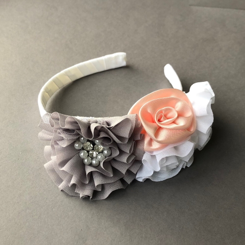 girls headband with white, grey and blush Little girls head band grey coral white flowers