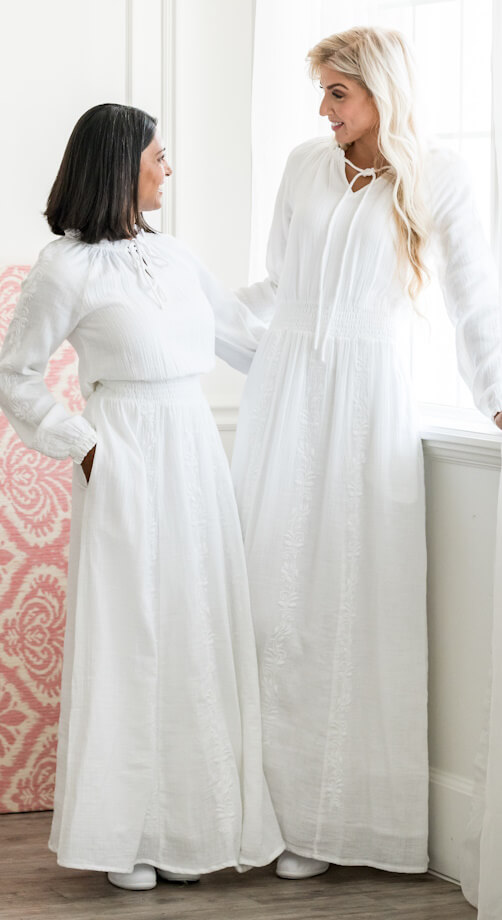 White Cotton guaze dress LDS Temple elastic waist embroidery Barcelona white cotton gauze LDS temple dress with elastic waist and embroidery