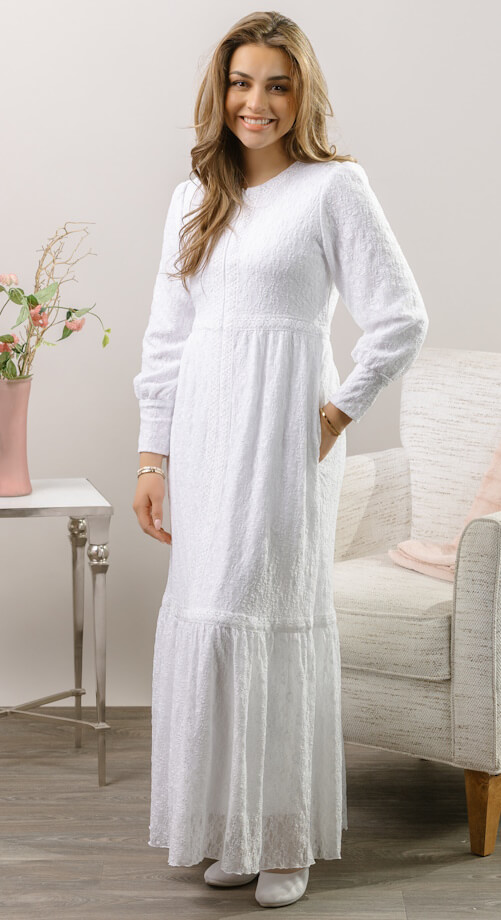 white elegance zurich front zip stretch lace lds temple dress Zurich LDS temple dress in stretch lace with front zipper and comfortable tailored fit