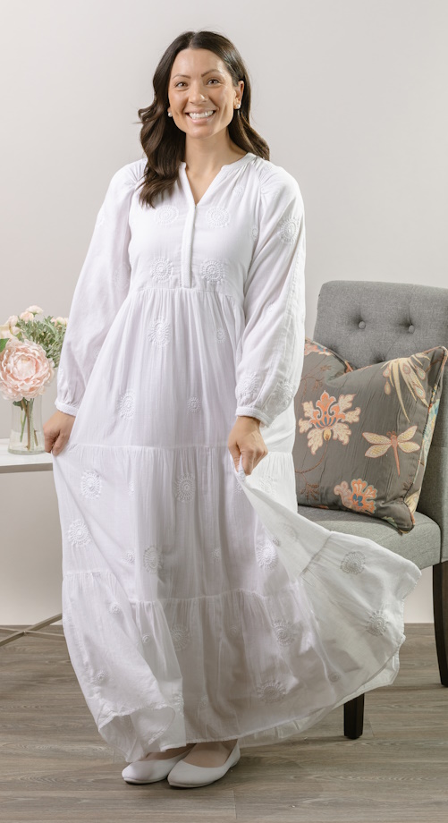 Lahaina cotton embroidered dress tall Lahaina LDS temple dress in tall sizing, featuring embroidered detail and breathable cotton fabric
