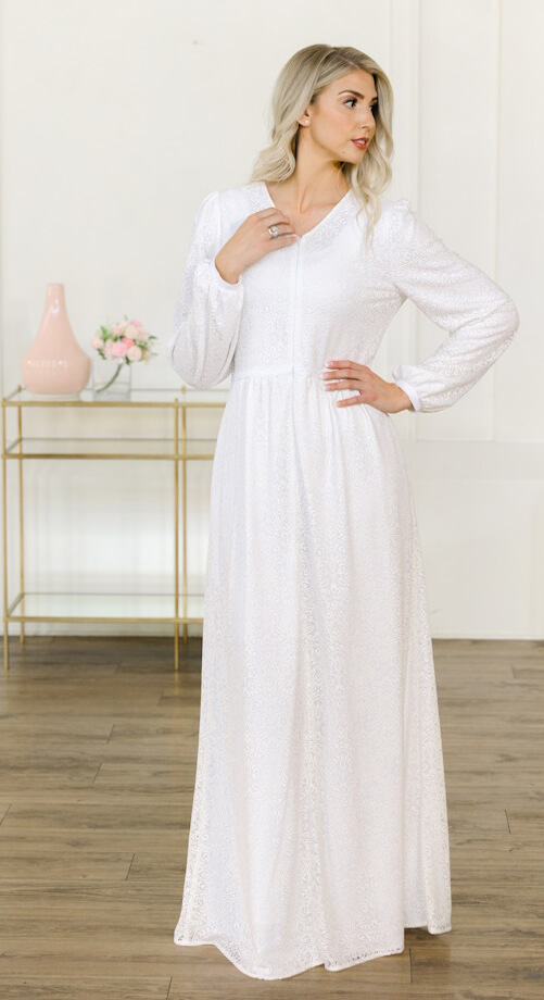 Galilee lds temple dress front zip lace dress White Lace LDS temple dress. Zip up front with two pockets. Galilee simply elegant.