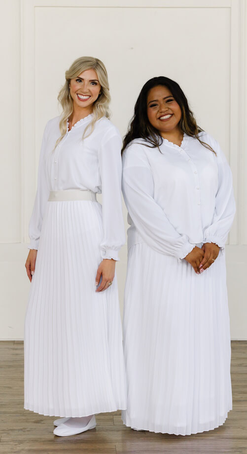 pleated skirt and white blouse ruffle lds temple Augusta LDS Temple Dress Set - White pleated skirt and blouse with ruffles