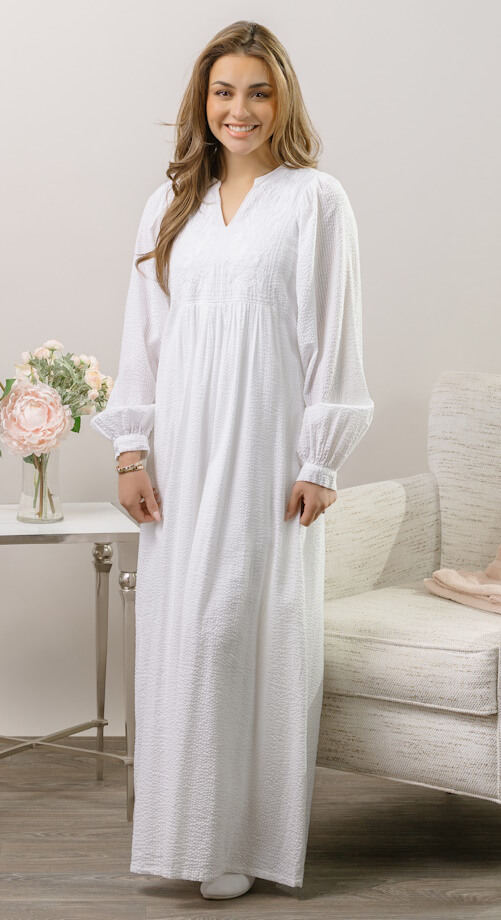 LDS Temple dress full cotton unique seersucker pockets plus size Plus-size LDS temple dress in soft white seersucker cotton with full skirt and side pockets