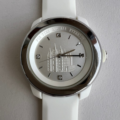 White lds temple watch slc White Temple Watch – Close-up of LDS watch face featuring the Salt Lake Temple, stone indexes, and stainless steel bezel.
