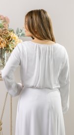 Versatile white LDS temple blouse from the Montecito collection, fully lined with soft drape and modest neckline