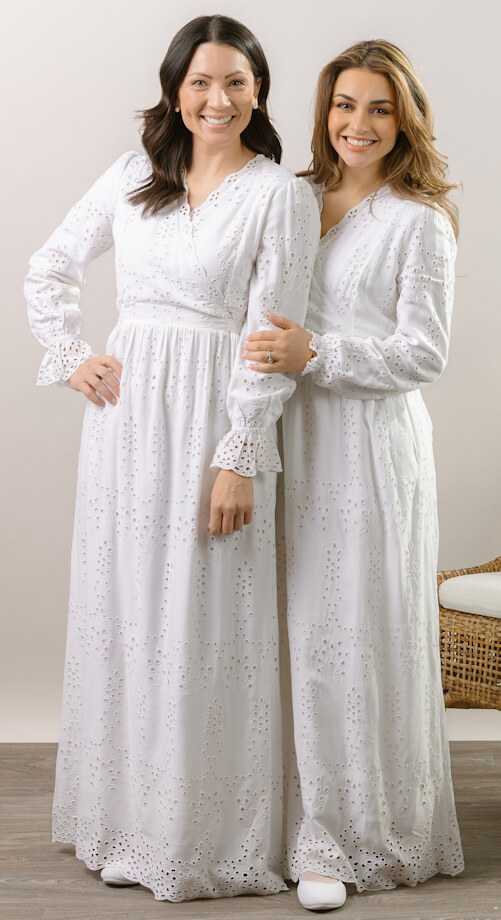 Branson eyelet white lds temple dress long sleeve Branson white LDS temple dress with eyelet detailing, long sleeves, and modest full-length design