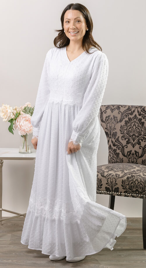 Edinburgh front zip lds temple dress fitted lace chiffon Edinburgh LDS temple dress in fitted lace and chiffon with front zipper and long sleeves
