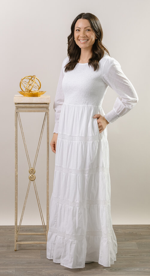 smocked cotton lds temple dress layers trim pockets 100% cotton shell with a light poly lining. LDS temple dress. Smocked top with a back zipper. 2 deep pockets.