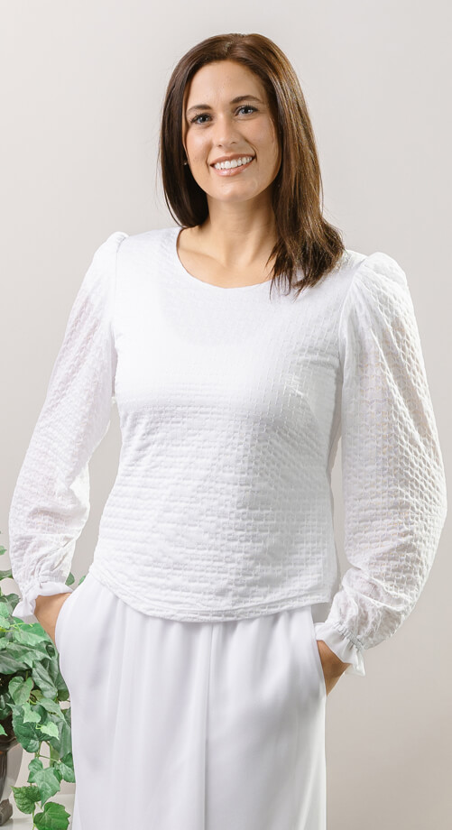 Brunei stretch white lds temple top Soft stretchy textured top. A must have to change up your LDS temple look.