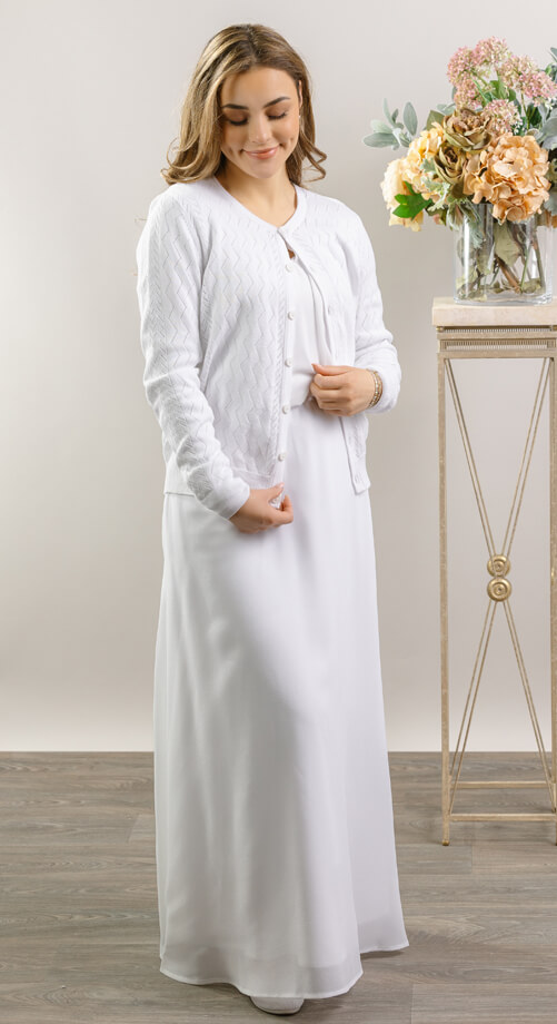 pointelle sweater set for lds temple outfit White pointelle sweater for lds temple outfit
