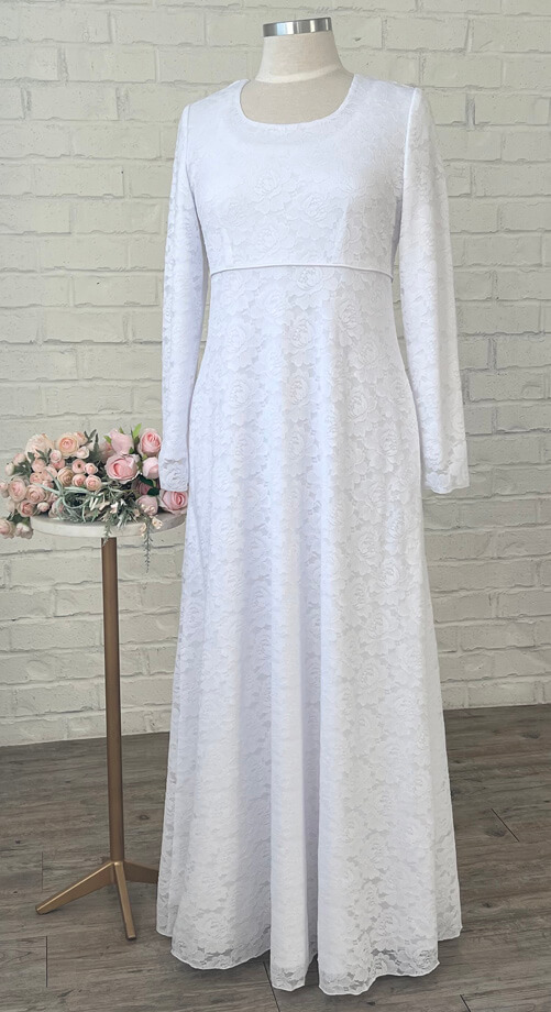 Sienna lace temple dress stretch empire waist Sienna all white lace LDS temple dress modest long dress bridal