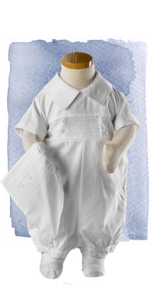 White baby boys pin tuck romper for LDS blessings christenings burials.
