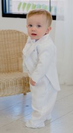 Baby boy in all white tux LDS baby blessing Catholic baptism