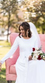 long sleeve modest wedding dresses in provo - Bride in Chair Close-up - Modest & Affordable