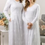 Savannah LDS temple dress in embroidered lace with long sleeves and elegant, full-length design