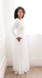 Savannah lace overlay v-neck modest white women's dresses LDS temple bridal