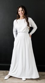 Syracuse white LDS temple dress knit with dolman sleeves and ruched drop waist