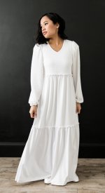 Verona white LDS temple dress textured top with tiered skirt petite, regular and talls lengths