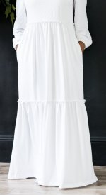 Verona LDS temple dress close up of dress bottom 2 tiers with pockets