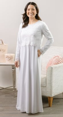Madison is a lace chiffon stretch long sleeve scalloped lds temple dress