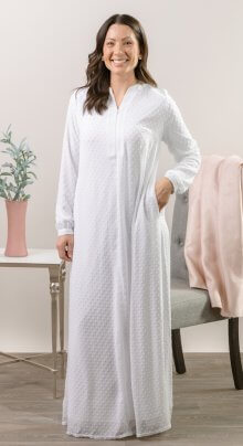 Full-size Boston LDS temple dress with front zipper, long sleeves, and gathered skirt