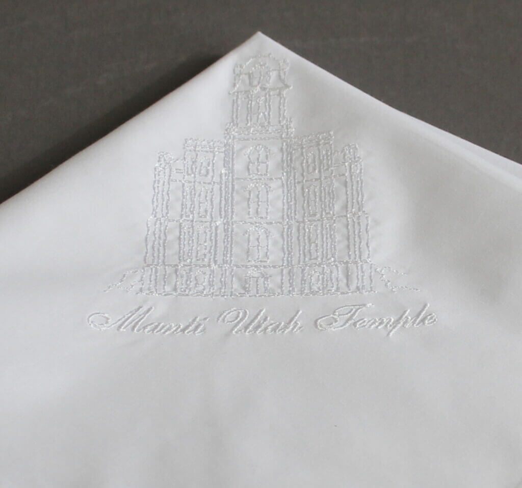 Mens embroidered LDS wedding handkerchief close up temple design