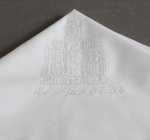 Mens embroidered LDS wedding handkerchief close up temple design