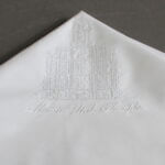 Mens embroidered LDS wedding handkerchief close up temple design
