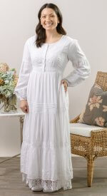 Salzburg cotton dress with floral lace trim 100% cotton white LDS temple modest button up bodice
