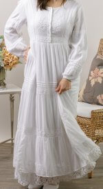 Salzburg cotton dress with floral lace trim 100% cotton white LDS temple modest button up bodice