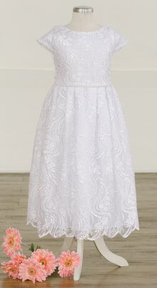 Meringue - Girls white sequin lace LDS baptism dress