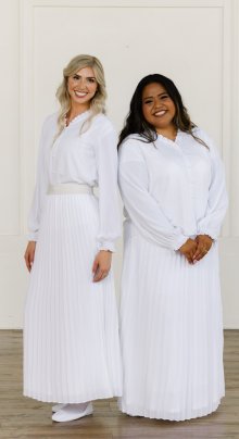 Augusta LDS Temple Dress Set - White pleated skirt and blouse with ruffles