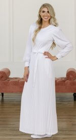 White LDS Temple Dress. Pleated skirt and sleeves. Carmen dress comfortable with two pockets