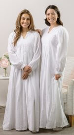 Auckland LDS temple dress in white seersucker cotton with delicate embroidery