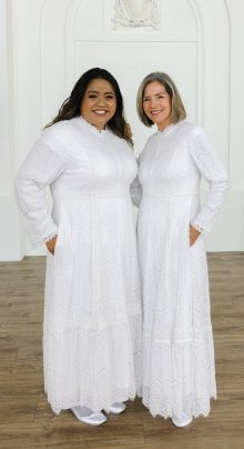 Charlotte #3067 - Modest white LDS Temple dress fitted in regular and plus sizes