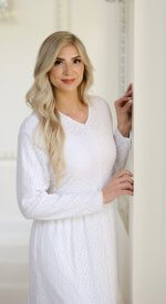 New Haven white LDS temple dress with front zip pockets and light weight embroidered fabric