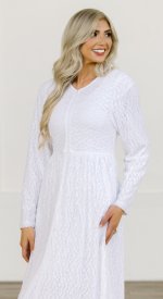 New Haven white LDS temple dress with front zipper, stretch leaf lace fabric, and side pockets.
