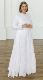 Charlotte #3067 - Fitted LDS Temple Dress with white lace and front zipper
