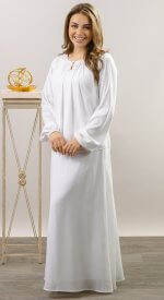 Montecito LDS temple outfit featuring white dobby blouse and georgette skirt with modest silhouette