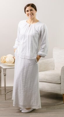 LDS temple set featuring Bora Bora white blouse and embroidered skirt with modest silhouette