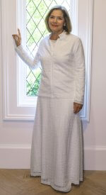 Fortaleza White lace LDS Temple suit with a zip-front jacket and A-line skirt, offering a modest and elegant look.