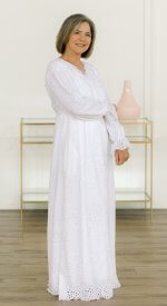 White Branson LDS temple dress in sizes XXS to plus, with all-over eyelet texture and tiered skirt