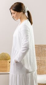 Mix-and-match LDS temple outfit with leaf lace jacket layered over temple dress