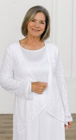 White Innsbruck LDS temple jacket with trimmed detailing and extended length