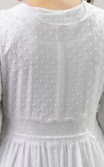 Full-length LDS temple dress with gathered waist, lace bodice, chiffon skirt, and front zipper closure