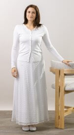 White LDS temple skirt Bora Bora. Embroidered chiffon. 100% polyester. 2 pockets